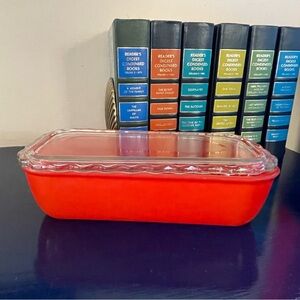 Vintage Jeanette Red Glass Refrigerator Dish with Clear Glass Scalloped Lid